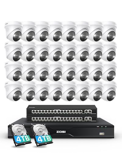 ZOSI 32 Channel 4K PoE Security Camera System, 32 x 4K Spotlight Outdoor Indoor Cameras, Face Person Vehicle Detection, 2 Way Audio, 32CH 8MP Surveillance NVR with 8TB HDD for Business 24/7 Recording